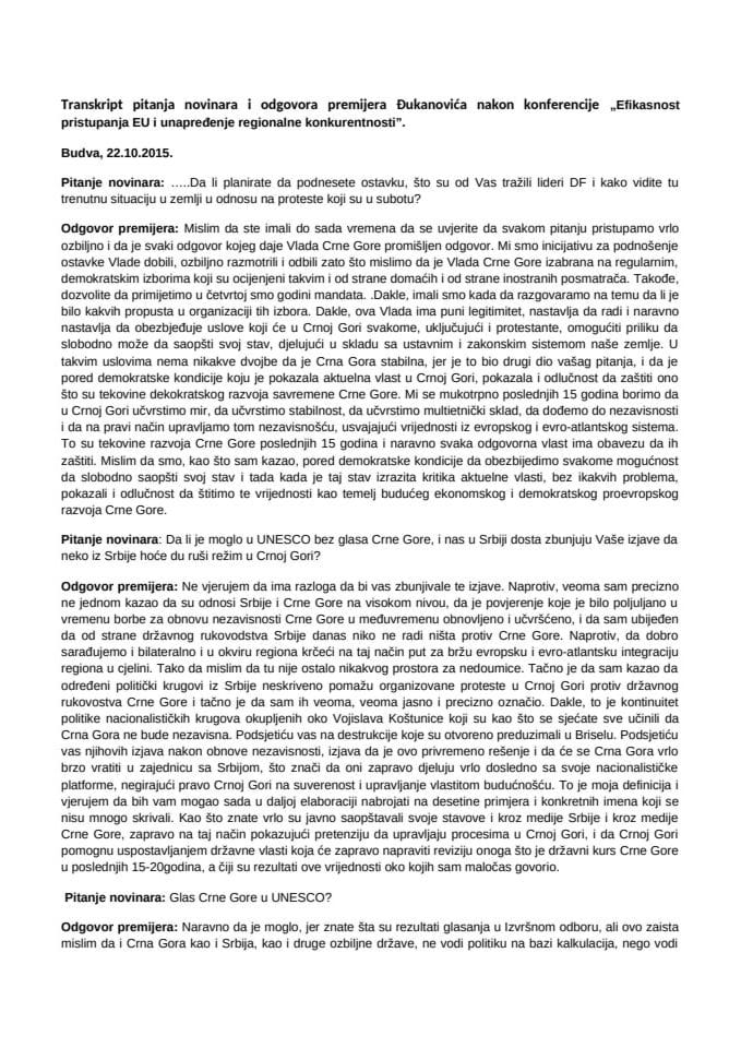 2015 10 22 Premijer-Pitanja novinara transkript-Konferencija Budva