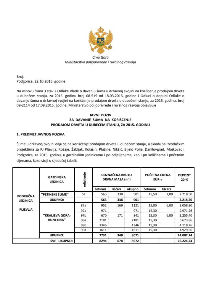 Ponovljeni Javni poziv koriscenje suma 2015 OKTOBAR