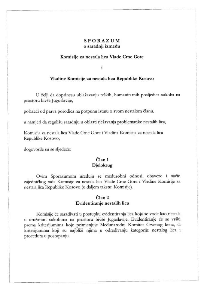 Sporazum o saradnji između Komisije za nestala lica Vlade Crne Gore i Vladine Komisije za nestala lica Republike Kosovo