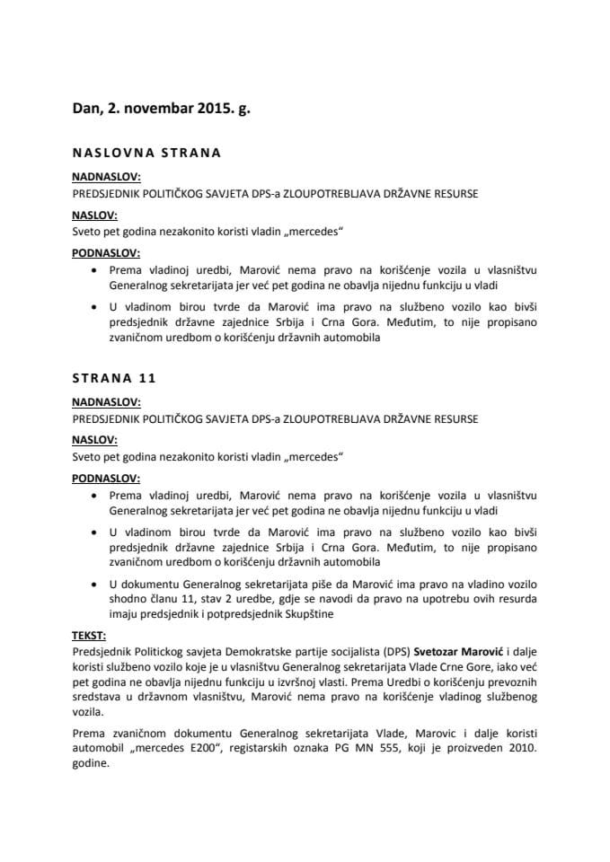 Tekst programskog sadržaja objavljenog u dnevnom listu „Dan“ 2. novembra 2015.g.