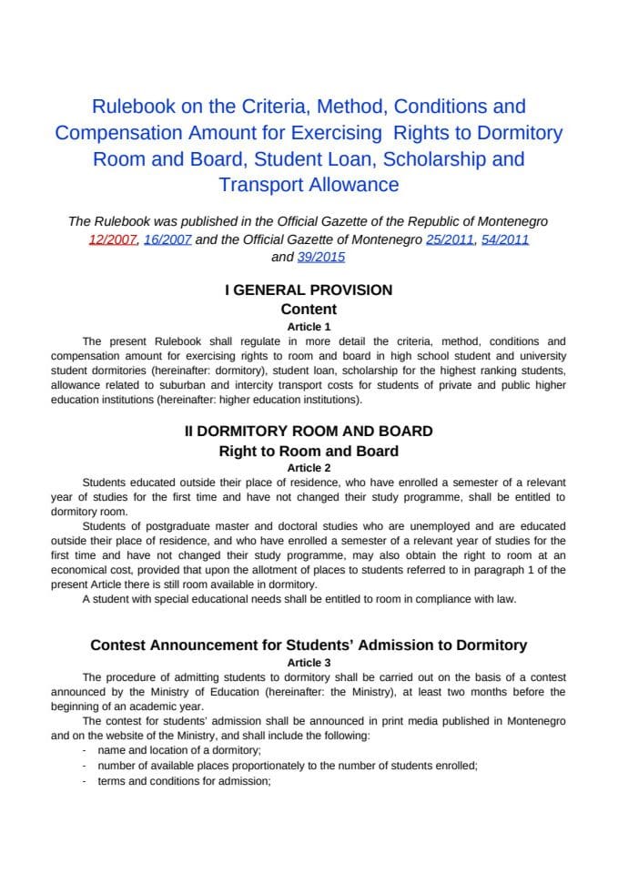 Rulebook on the Criteria, Method, Conditions and Compensation Amount for Exercising  Rights to Dormitory Room and Board, Student Loan, Scholarship and Transport Allowance