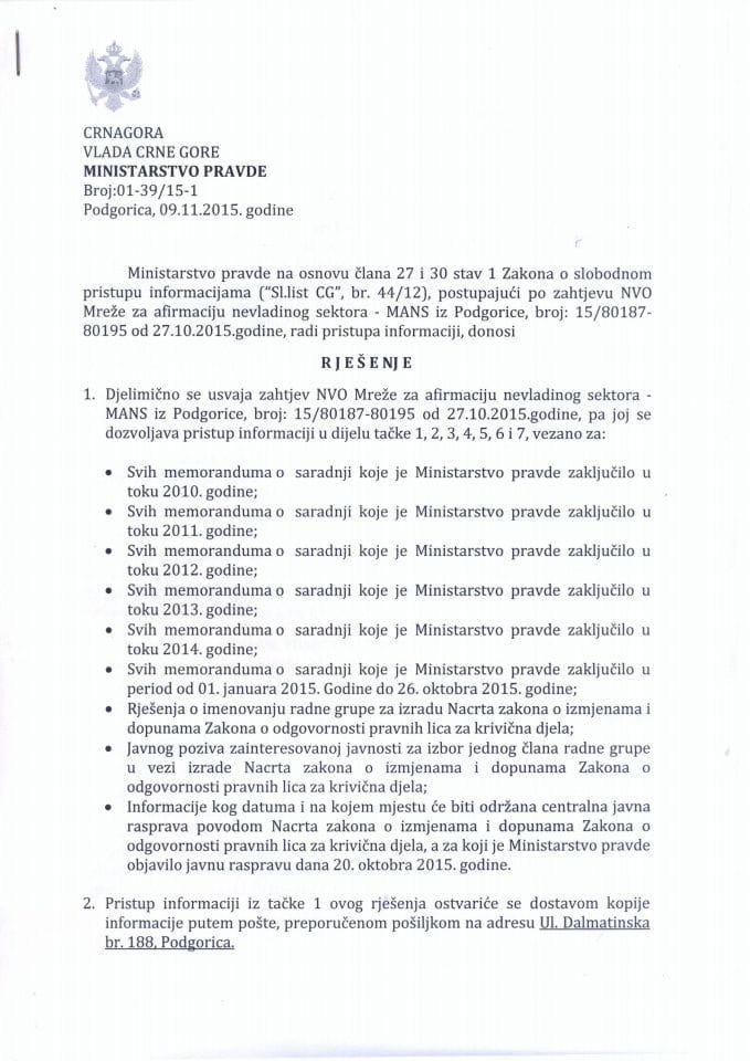 Slobodan pristup informacijama- Rješenje br.01-39/15-1