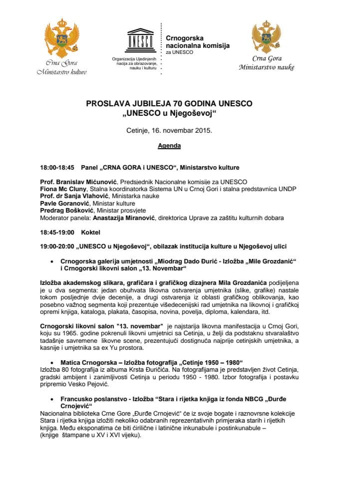 JUBILEJ 70 GODINA UNESCO  Agenda