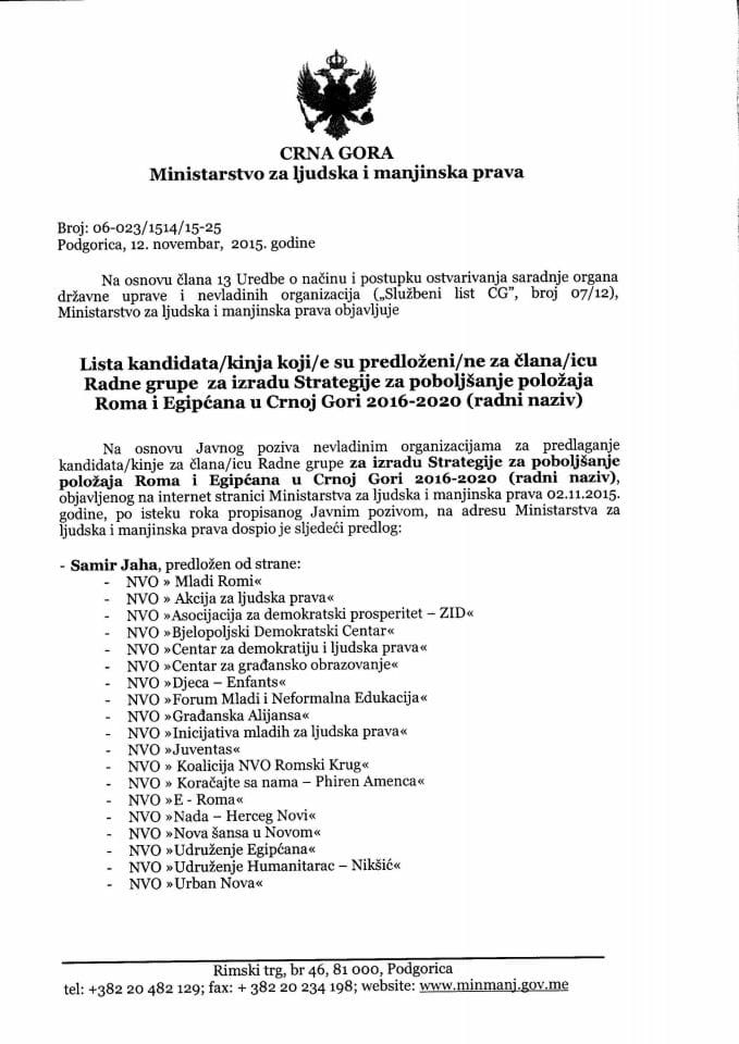 Lista kandidata za RG za izradu Strategije za Rome i Egipćane u Crnoj Gori 2016-2020