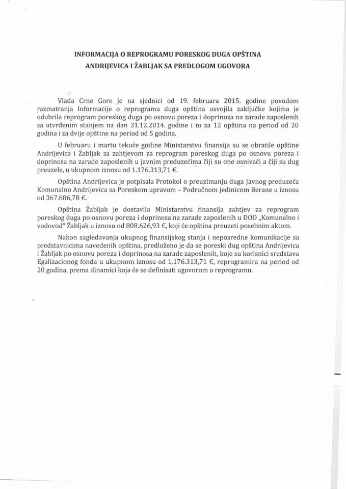 Информација о репрограму пореског дуга општина Андријевица и Жабљак с Предлогом уговора