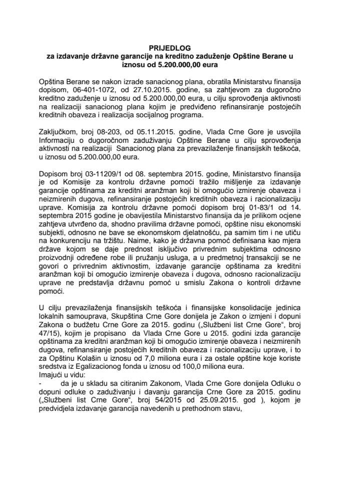 Predlog za izdavanje državne garancije na kreditno zaduženje Opštine Berane u iznosu od 5.200.000,00 eura (za verifikaciju)