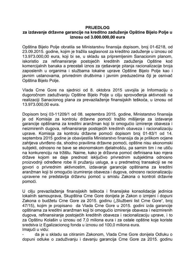 Predlog za izdavanje državne garancije na kreditno zaduženje Opštine Bijelo Polje u iznosu od 3.000.000,00 eura (za verifikaciju)