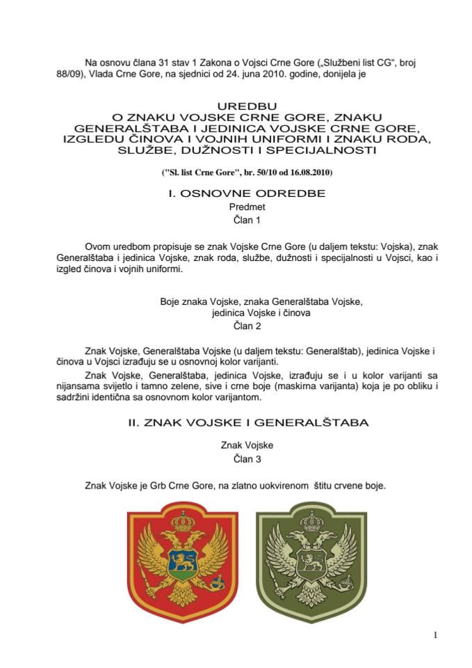 UREDBA O ZNAKU VOJSKE CRNE GORE,ZNAKU GENERALŠTABA I JEDINICA VCG