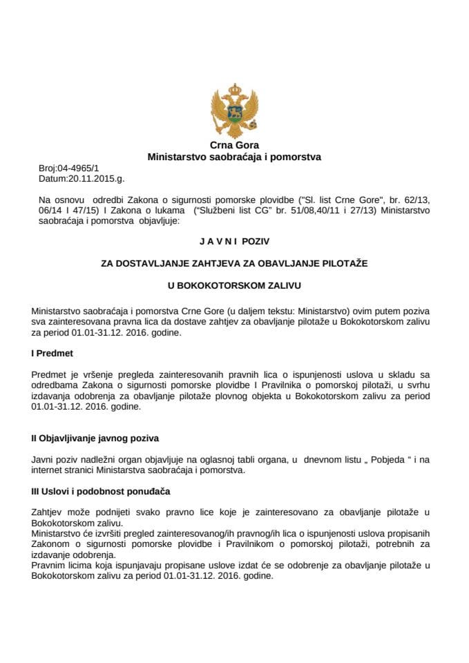 Javni poziv za dostavljanje zahtjeva za obvljanje pilotaže novembar 2015.