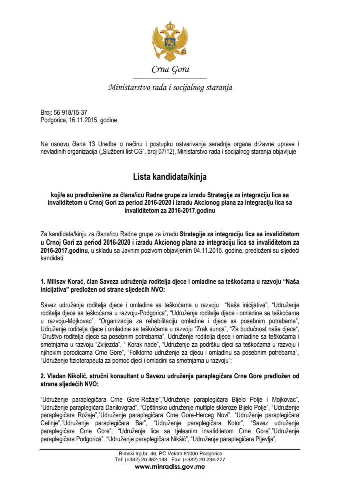 Lista kandidata/kinja  koji/e su predloženi/ne za člana/icu Radne grupe za izradu Strategije za integraciju lica sa invaliditetom u Crnoj Gori za period 2016-2020 i izradu Akcionog plana za integracij