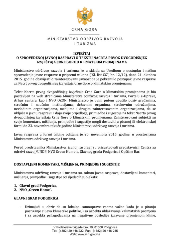 Izvještaj o sprovedenoj javnoj raspravi o tekstu Nacrta prvog dvogodišnjeg izvještaja Crne Gore o klimatskim promjenama