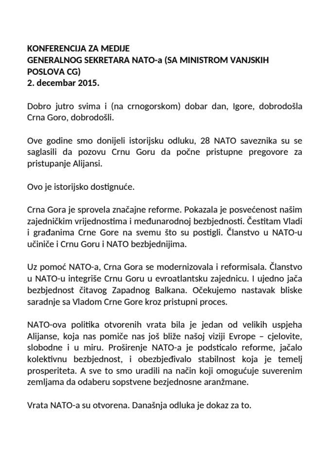 2015 12 02 - GS NATO Jens Stoltenberg obracanje na konferenciji za medije - poziv Crnoj Gori