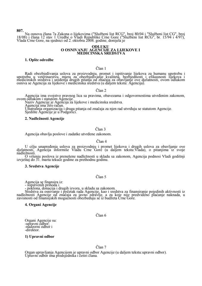 Odluka o osnivanju Agencije za lijekove i medicinska sredstva