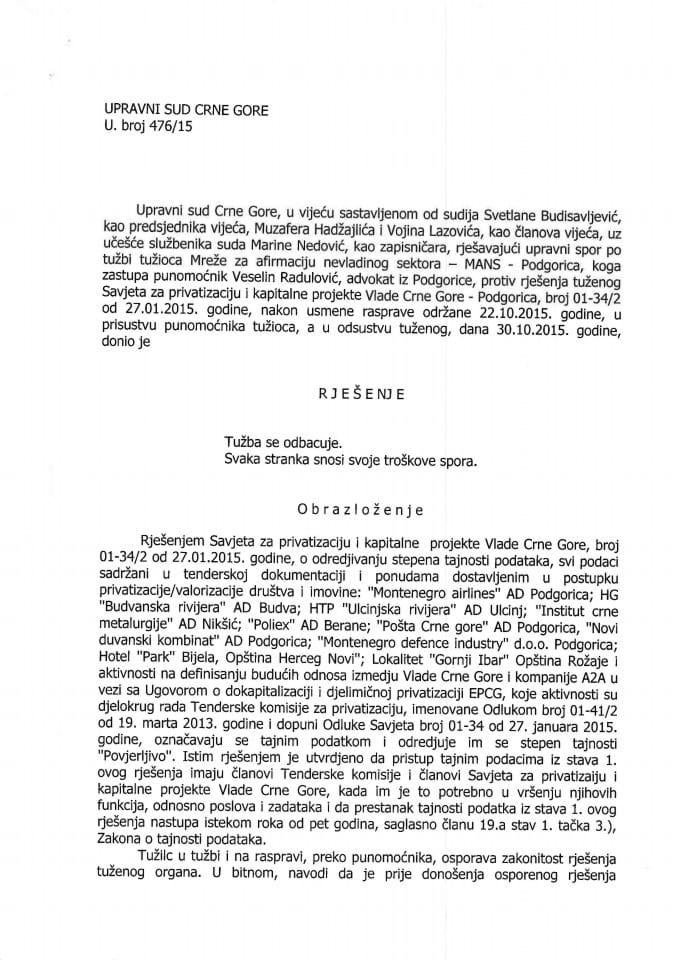 2015 10 30 - Upravni sud - Mans protiv Savjeta za privatizaciju - presuda