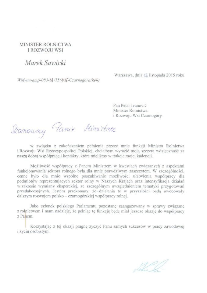 Letter of former Polish Minister of agriculture Marek Sawicki