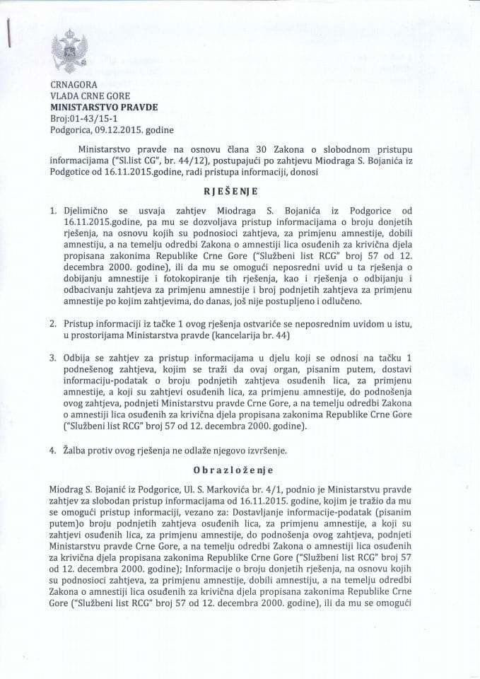 Slobodan pristup informacijama-Rješenje br. 01-43/15-1