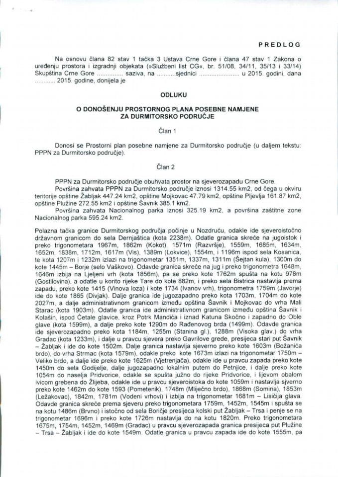 Predlog odluke o donošenju Prostornog plana posebne namjene za Durmitorsko područje