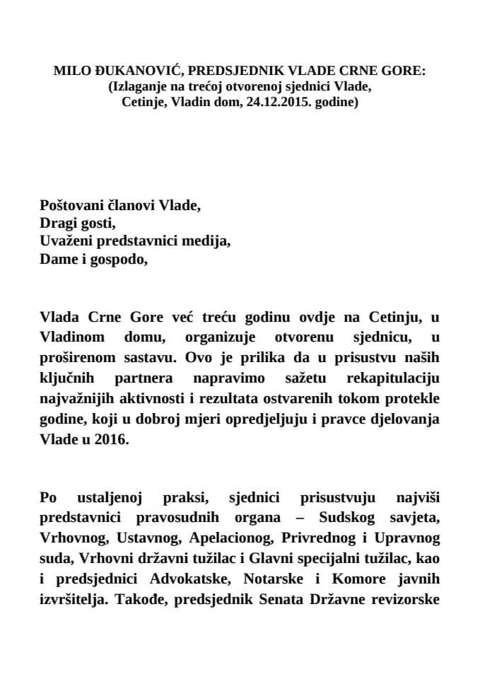 Govor za Cetinje treća otvorena sjednica Vlade