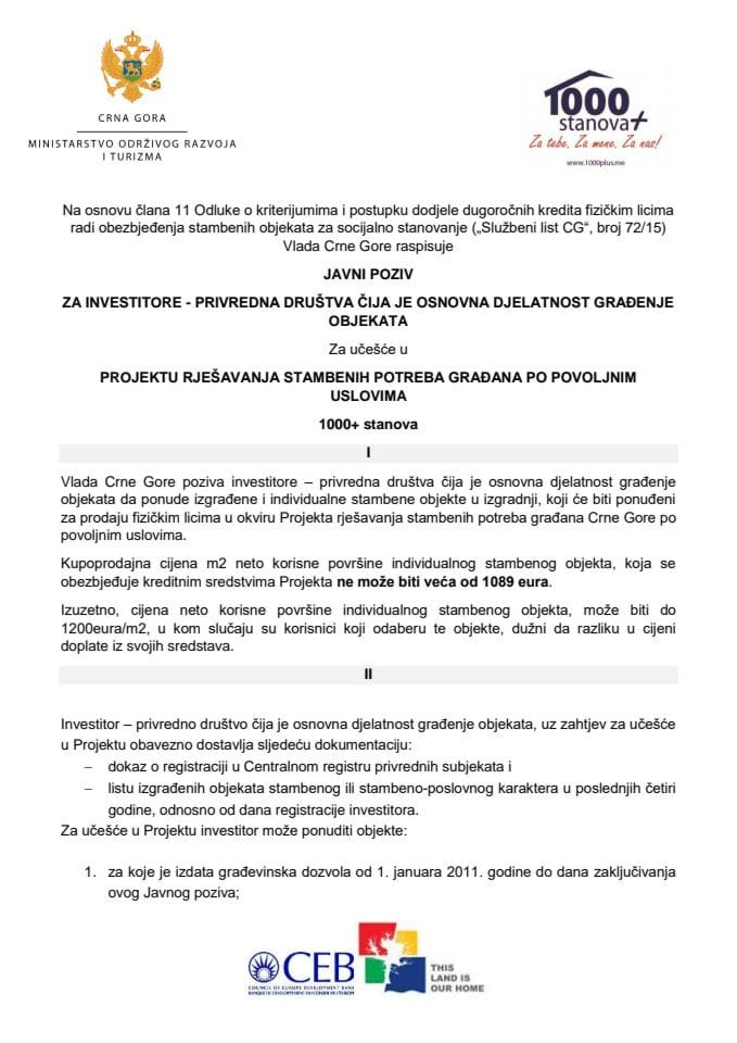 Javni poziv za investitore - privredna društva čija je osnovna djelatnost građenje objekata za učešće u projektu rješavanja stambenih potreba građana po povoljnim uslovima 1000+ stanova