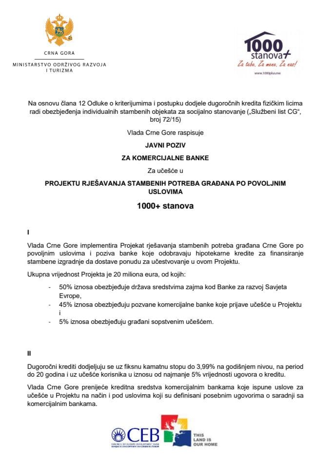 Javni poziv za komercijalne banke za učešće u projektu rješavanja stambenih potreba građana po povoljnim uslovima 1000+ stanova