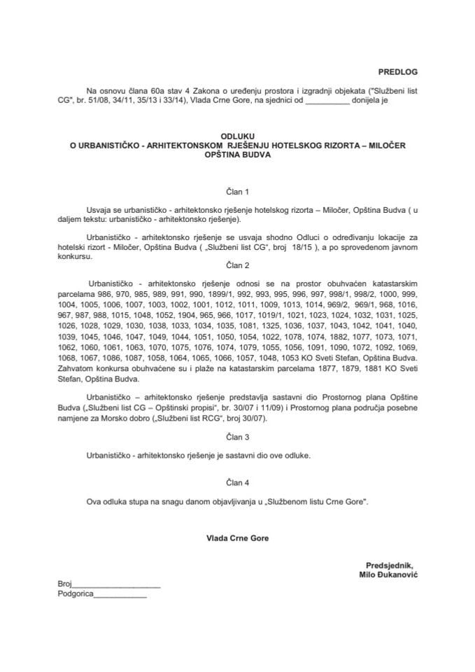 Predlog odluke o urbanističko - arhitektonskom rješenju hotelskog rizorta - Miločer, Opština Budva