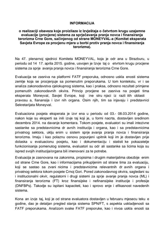 Informacija o realizaciji obaveza koje proizilaze iz Izvještaja o četvrtom krugu uzajamne evaluacije (procjene) sistema za sprječavanja pranja novca i finansiranja terorizma Crne Gore (za verifikaciju