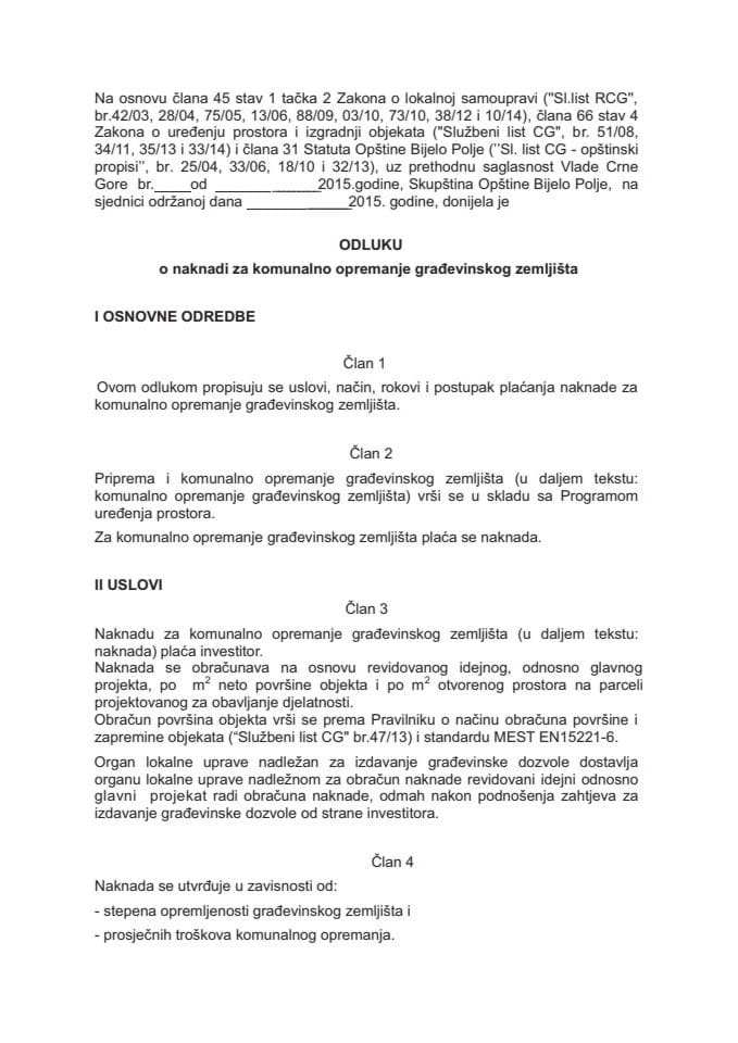 Predlog odluke o naknadi za komunalno opremanje građevinskog zemljišta opštine Bijelo Polje (za verifikaciju)