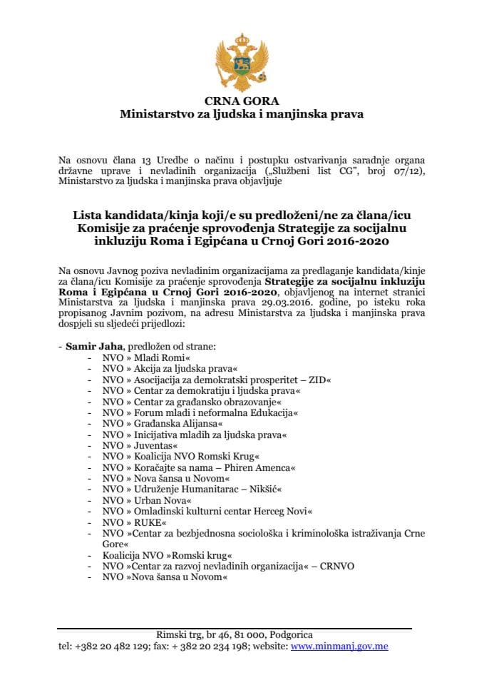 Lista prijavljenih kandidata/kinja za člana/icu Komisije za praćenje sprovođenja Strategije