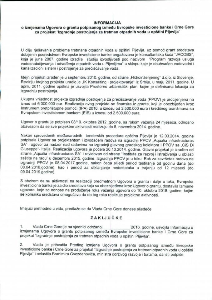 Informacija o izmjenama Ugovora o grantu potpisanog između Evropske investicione banke i Crne Gore za projekat "Izgradnja postrojenja za tretman otpadnih voda u opštini Pljevlja" s Predlogom izmjena U