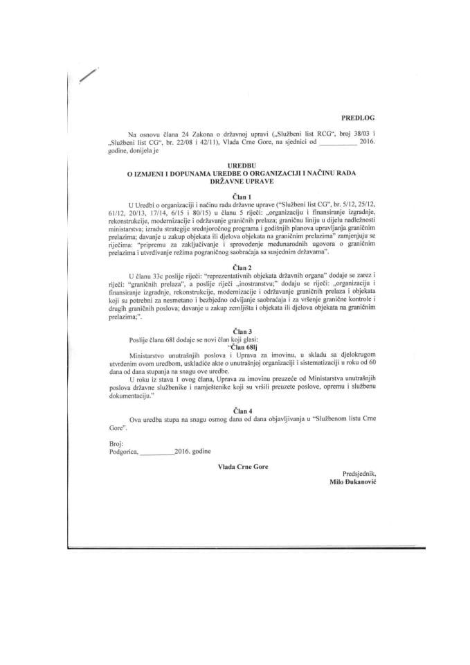 Predlog uredbe o izmjeni i dopunama Uredbe o organizaciji i načinu rada državne uprave	