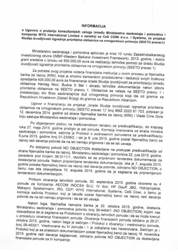 Informacija o Ugovoru o pružanju konsultantskih usluga između Ministarstva saobraćaja i pomorstva i kompanije WYG International Limited u saradnji sa CeS COWI d.o.o. i Systema, za projekat Studija izv