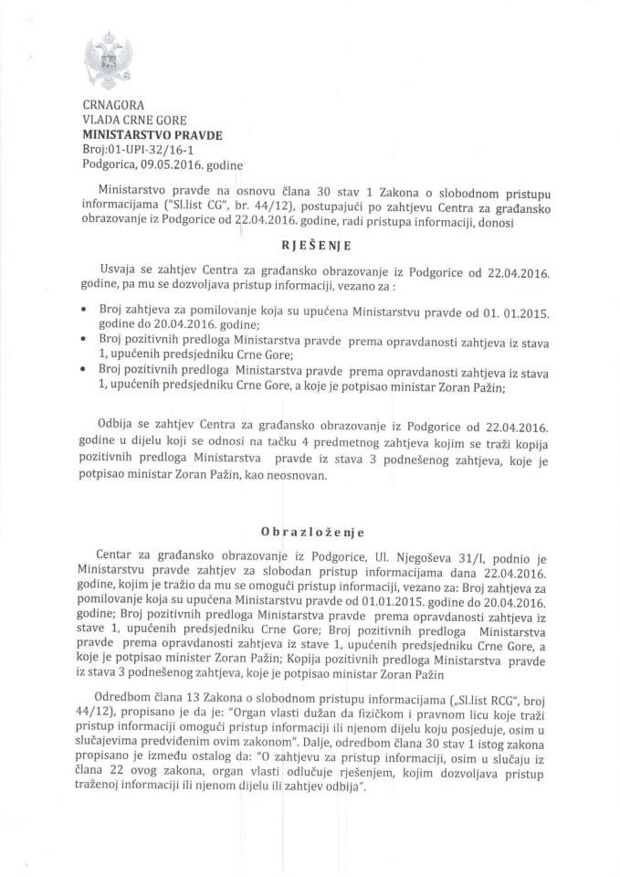 Slobodan pristup informacijama-Rješenje br. 01-UPI-32/16-1