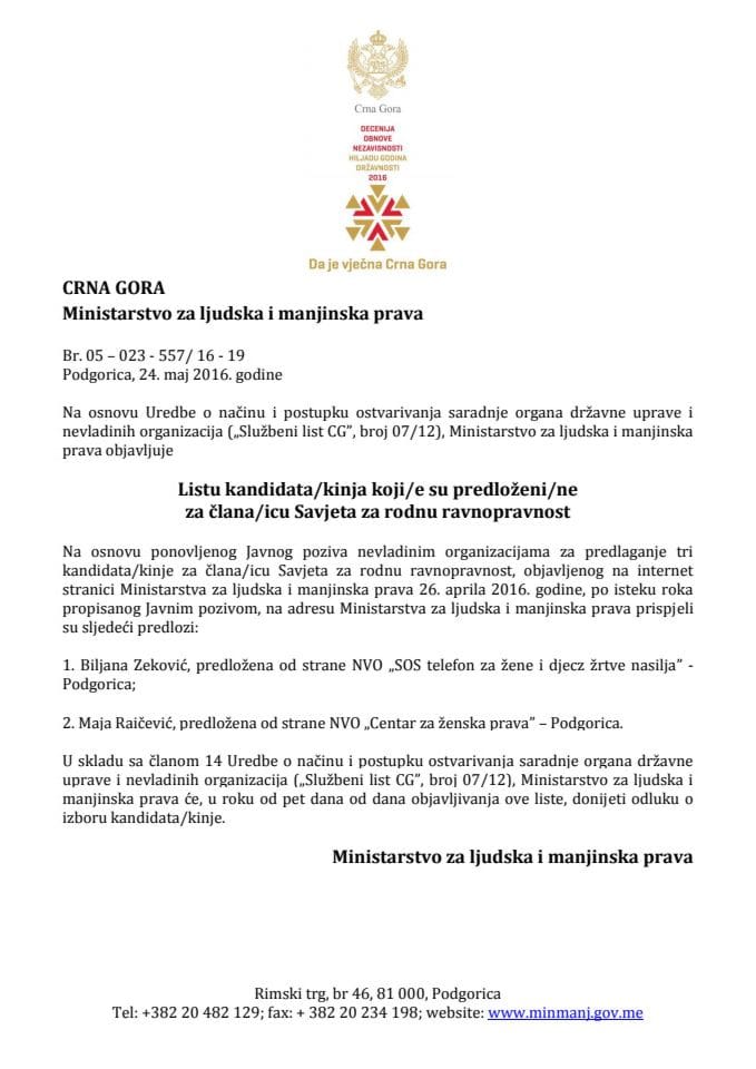 Lista Javni poziv Savjet za rodnu ravnopravnost- ponovljeni