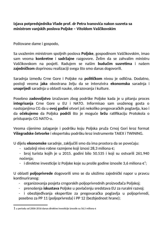 Izjava potpredsjendika Ivanovica - susret sa poljskim ministrom vanjskih poslova