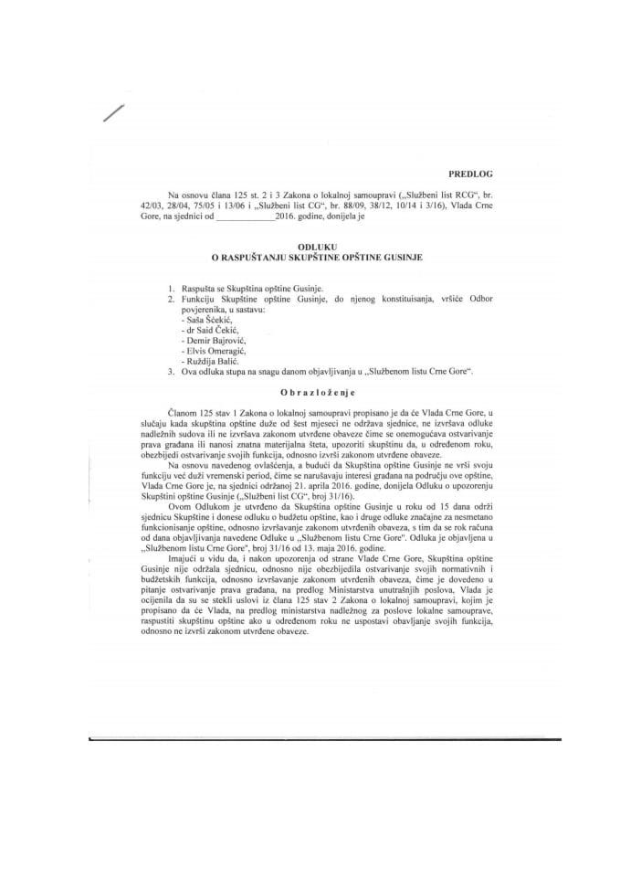 Predlog odluke o raspuštanju Skupštine opštine Gusinje 