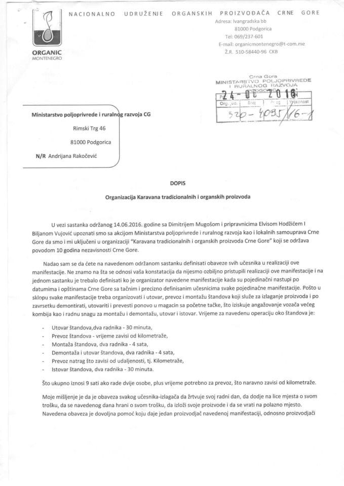 dopis udruzenja Organic Montenegro