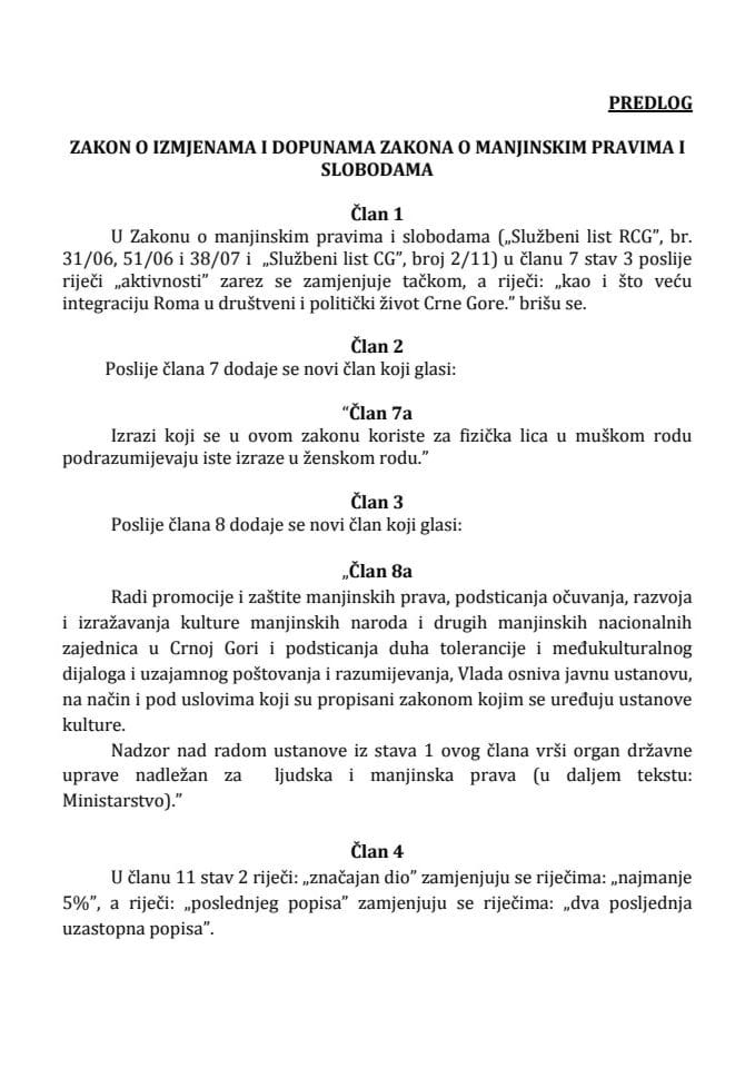 Predlog zakona o izmjenama i dopunama Zakona o manjinskim pravima i slobodama