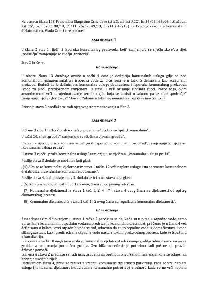 Predlog amandmana na Predlog zakona o komunalnim djelatnostima