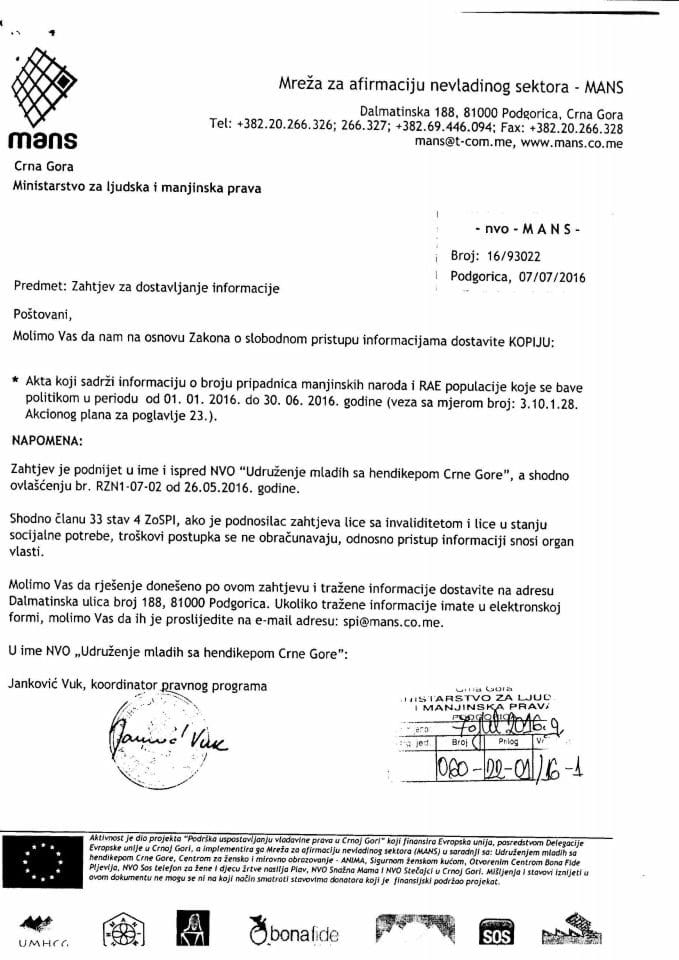 Zahtjev za slobodan pristup informacijama Mreže za afirmaciju nevladinog sektora br.060-22-01/16-1, rješenje br.060-22-01/16-2 i odgovor br. 060-22-01/16-3