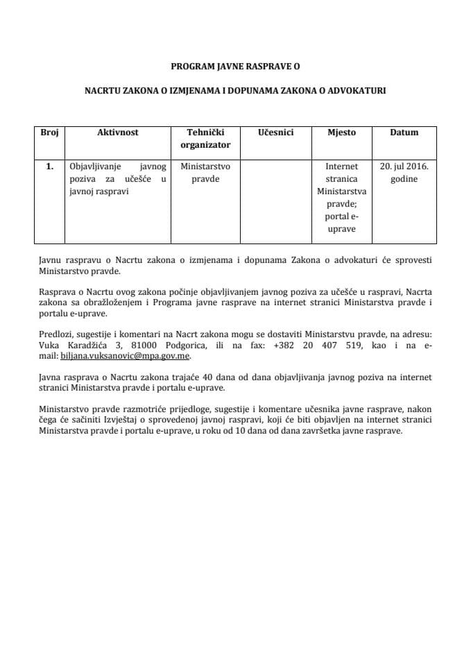 Program javne rasprave za Nacrt Zakona o izmjenama i dopunama zakona o advokaturi