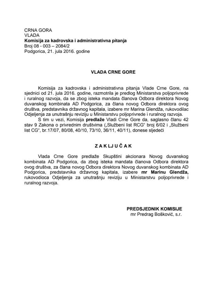 Предлог закључка о избору члана Одбора директора Новог дуванског комбината АД Подгорица