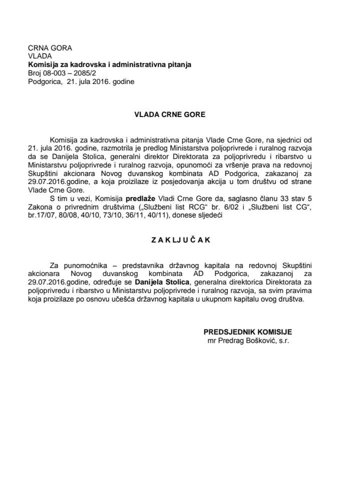 Predlog zaključka o određivanju punomoćnika - predstavnika državnog kapitala na redovnoj Skupštini akcionara Novog duvanskog kombinata AD Podgorica