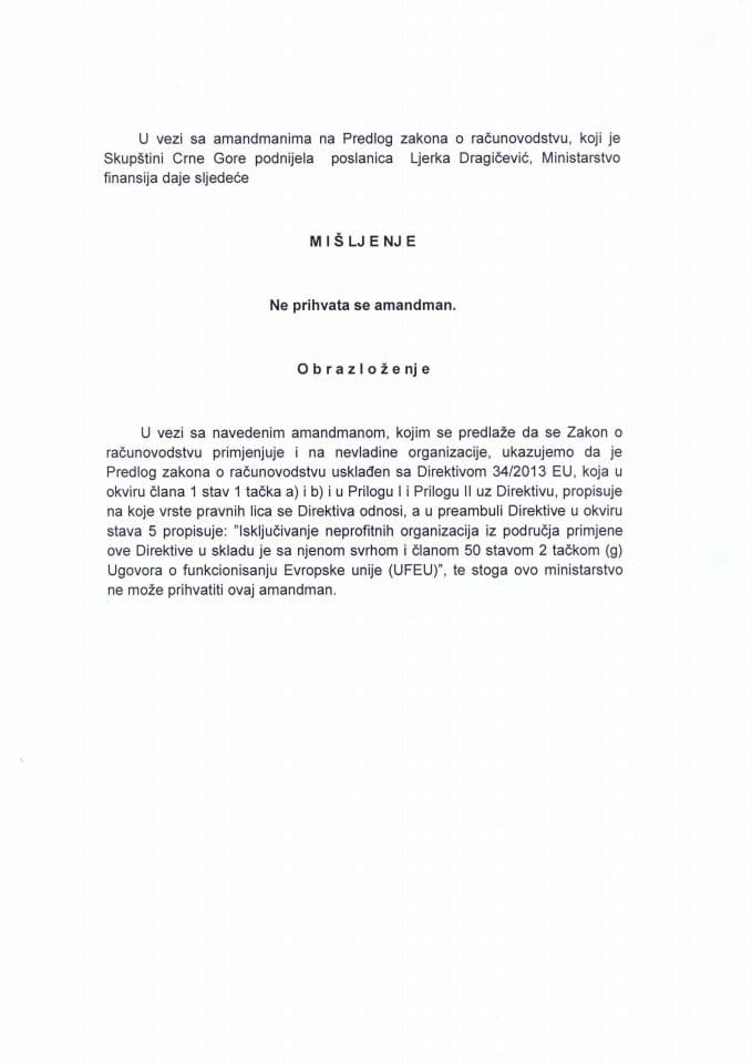 Predlog mišljenja na Amandman na Predlog zakona o računovodstvu (predlagač poslanica Ljerka Dragičević)(za verifikaciju)
