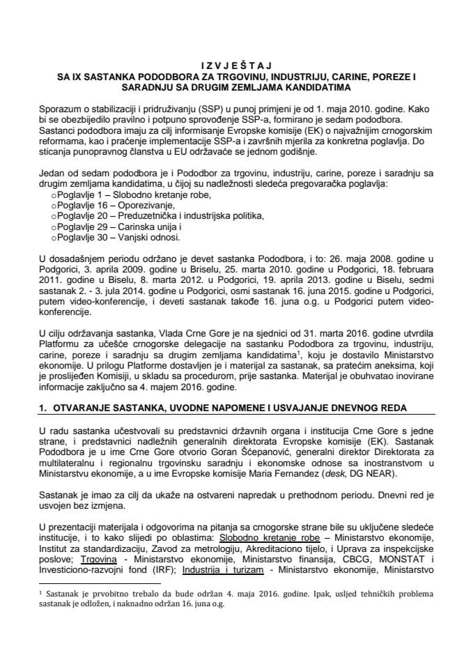 Izvještaj sa IX sastanka Pododbora za trgovinu, industriju, carine, poreze i saradnju sa drugim zemljama kandidatima