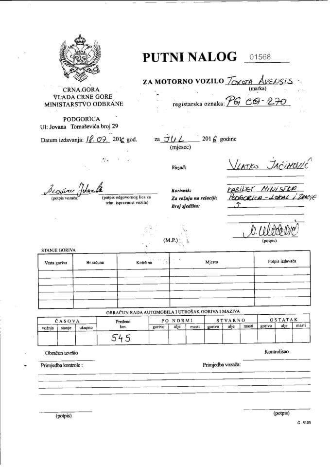 Putni nalozi za period od 18. do 24.07. 2016.