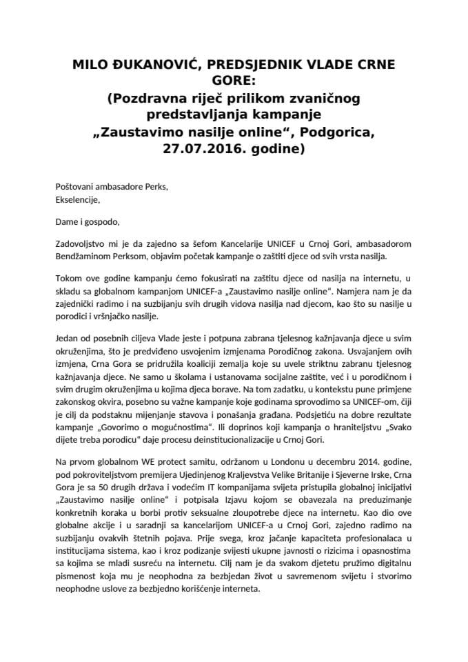 Поздравна ријеч предсједника Владе Мила Ђукановића приликом званичног представљања кампање „Зауставимо насиље онлине“