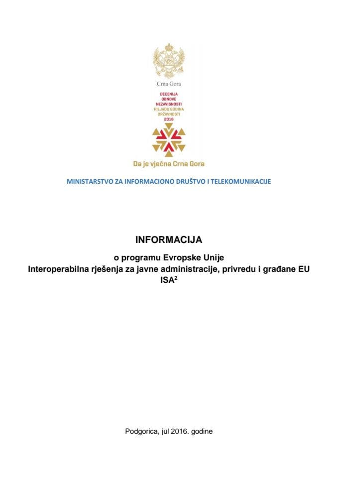 Informacija o programu Evropske unije - Interoperabilna rješenja za javne administracije, privredu i građane EU (ISA2) 	