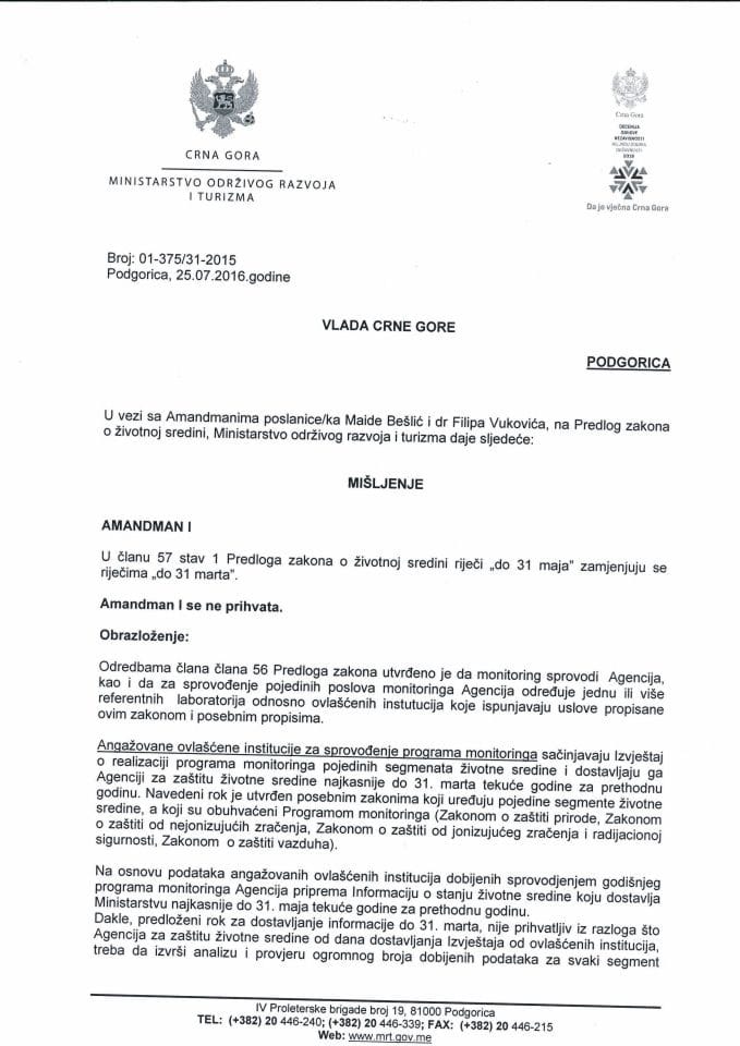 Predlog mišljenja na amandmane na Predlog zakona o životnoj sredini (predlagači poslanici Maida Bešlić i dr Filip Vuković)