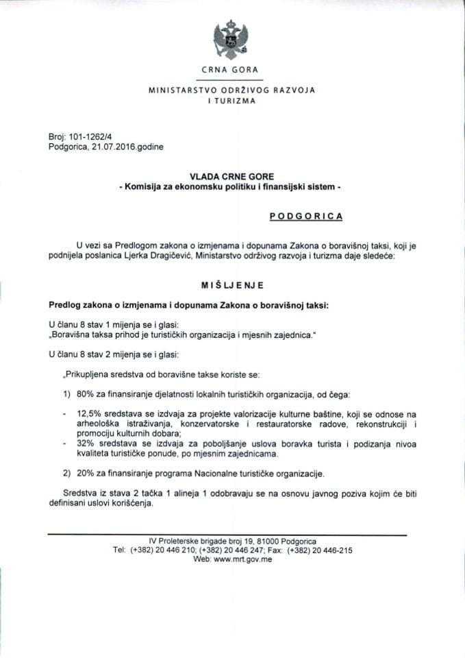 Predlog mišljenja na Predlog zakona o izmjenama i dopunama Zakona o boravišnoj taksi (predlagač poslanica Ljerka Dragičević)