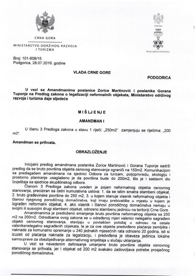 Predlog mišljenja na amandmane na Predlog zakona o legalizaciji neformalnih objekata (predlagači poslanici Zorica Martinović i Goran Tuponja)